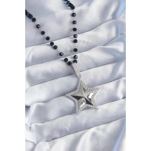 Gümüş Renk Siyah Boncuk Zirkon Taşlı Pirinç Yıldız Model VİP Seri Kadın Kolye