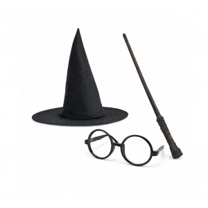 Harry Potter Tarzı Çocuk Seti - Siyah Keçe Şapka, Asa, Gözlük