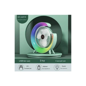 Masaüstü Vantilatör Usb Şarjlı Rgb Led Işıklı 3 Kademeli 180° Ayarlanabilir Soğutucu Fan Yeşil
