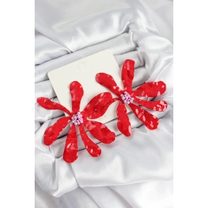 Pirinç Büyük Kırmızı Çiçek Model Kadın Küpe