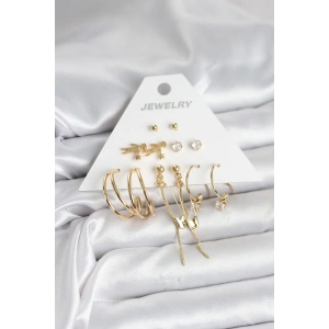 Pirinç Gold Renk 6 Çiftli Kadın Küpe Seti