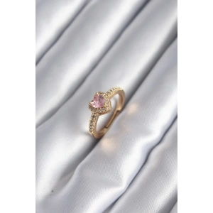 Pirinç Gold Renk Pembe Zirkon Taş Kalp Charm Model Kadın Yüzük