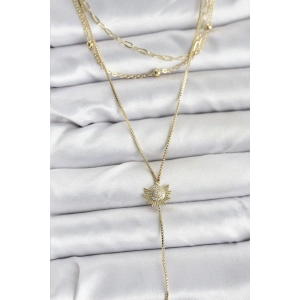 Pirinç Gold Renk Zirkon Taşlı Güneş Model Detaylı 3lü Kombin Y Kadın Kolye