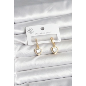 Pirinç Gold Renk Zirkon Taşlı Kalp Model Kadın Küpe