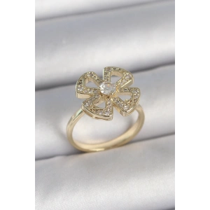 Pirinç Gold Renk Zirkon Taşlı Yonca Model Ayarlanabilir Kadın Yüzük
