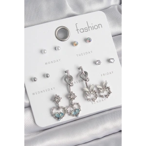 Pirinç Gümüş Renk Sallantı Zirkon Taşlı Kalp Model Düğüm Detay 7 Çift Kadın Küpe Seti