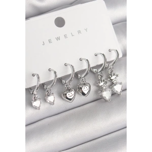 Pirinç Gümüş Renk Sallantı Zirkon Taşlı Kalp Model Taç Detay Kadın Küpe Seti