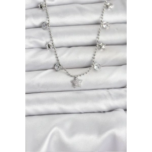 Pirinç Gümüş Renk Yıldız Model Kadın Kolye