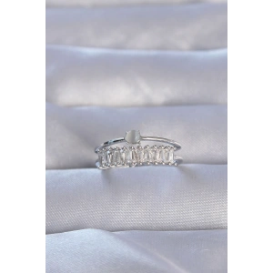 Pirinç Gümüş Renk Zirkon Taşlı Baget Su Yolu Model Ayarlanabilir Yüzük