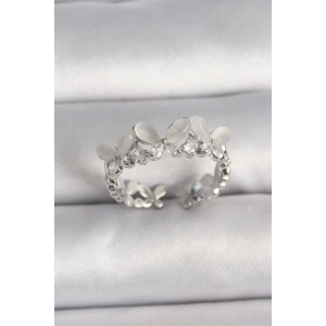 Pirinç Gümüş Renk Zirkon Taşlı Beyaz Mineli Kelebek Model Ayarlanabilir Yüzük