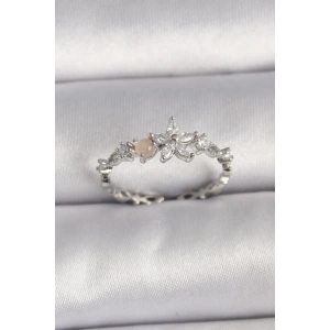 Pirinç Gümüş Renk Zirkon Taşlı Çiçek Model Ayarlanabilir Yüzük