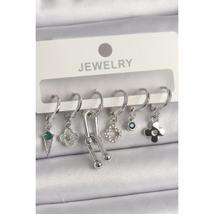 Pirinç Gümüş Renk Zirkon Taşlı Çoklu Figür Kadın Küpe Seti