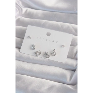 Pirinç Gümüş Renk Zirkon Taşlı Damla Model Küpe Seti