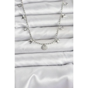 Pirinç Gümüş Renk Zirkon Taşlı Deniz Kabuğu Model Kadın Kolye