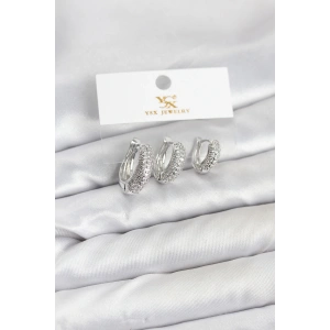 Pirinç Gümüş Renk Zirkon Taşlı Halka Model YSX Trio Küpe Seti