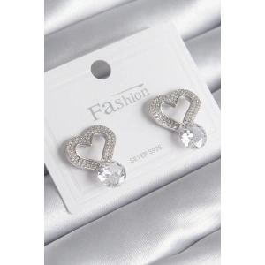 Pirinç Gümüş Renk Zirkon Taşlı Kalp Model Damla Zirkon Taş Detay Kadın Küpe