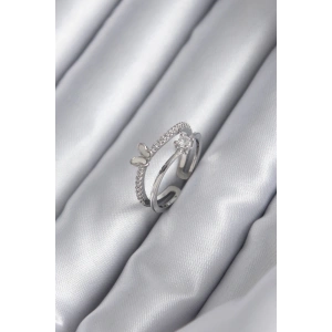 Pirinç Gümüş Renk Zirkon Taşlı Kelebek Model Kadın Yüzük