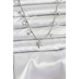 Pirinç Gümüş Renk Zirkon Taşlı Kutup Yıldızı Model Kadın Kolye