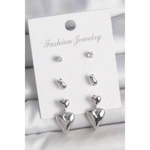 Pirinç Gümüş Renk Zirkon Taşlı Sallantılı Kalp Model 3 Çift Kadın Küpe Seti