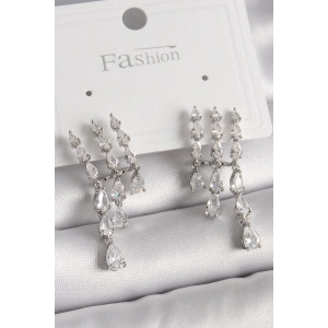 Pirinç Gümüş Renk Zirkon Taşlı Yağmur Model Kadın Küpe