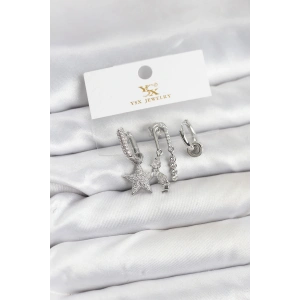 Pirinç Gümüş Renk Zirkon Taşlı Yıldız Vintage Model YSX Trio Küpe Seti