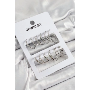 Pirinç Karışık Halka Model Gümüş Renk 6 Çift Kadın Küpe Set