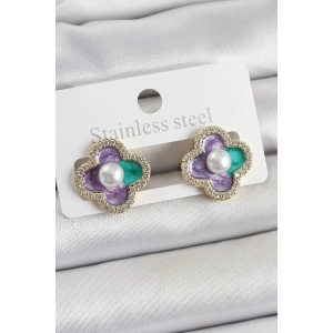 Pirinç Mor Mineli İnci Detaylı Zirkon Taşlı Sanatsal Portre Yonca Model Gold Renk Kadın Küpe