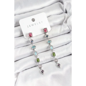 Pirinç Renkli Zirkon Taşlı Sallantılı Model Gümüş Renk Kadın Küpe