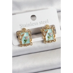 Pirinç Yeşil Mineli Sanatsal Portre Model Gold Renk Kadın Küpe