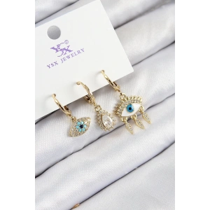 Pirinç Zirkon Taşlı 3lü Fatmanın Gözü Model Gold Renk Kadın Küpe