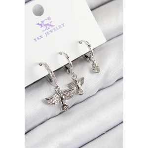 Pirinç Zirkon Taşlı 3lü Kuş Model Gümüş Renk Kadın Küpe