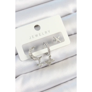 Pirinç Zirkon Taşlı Çiçek Ve Ay Model Gümüş Renk 3lü Çift Kadın Küpe Set