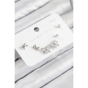 Pirinç Zirkon Taşlı Fiyonk Model Gümüş Renk 925 Ayar Gümüş Çivi Kadın Küpe Set