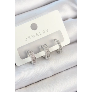 Pirinç Zirkon Taşlı Halka Model Gümüş Renk 3lü Çift Kadın Küpe Set