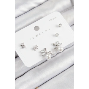 Pirinç Zirkon Taşlı İnci Melek Model Gümüş Renk 925 Ayar Gümüş Çivi Kadın Küpe Set