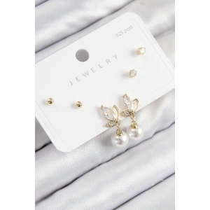 Pirinç Zirkon Taşlı İnci Sallantılı Damla Model Gold Renk 925 Ayar Gümüş Çivi Kadın Küpe Set