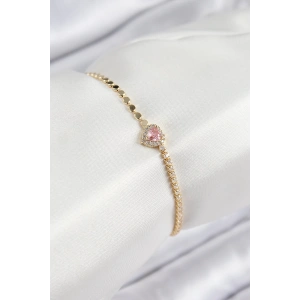 Pirinç Zirkon Taşlı Kalp Model Ezme Zincir Gold Renk Kadın Bileklik