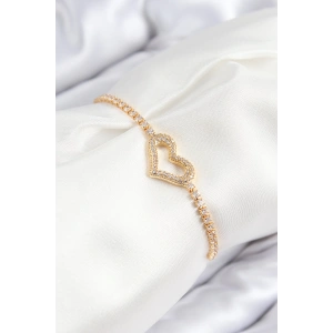 Pirinç Zirkon Taşlı Kalp Model Gold Renk Asansörlü Kadın Bileklik