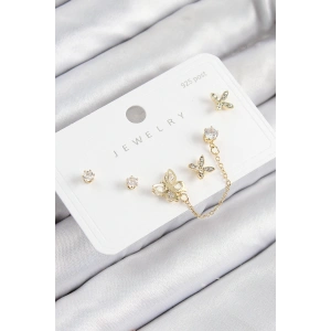 Pirinç Zirkon Taşlı Kelebek Model Gold Renk 925 Ayar Gümüş Çivi Kadın Küpe Set