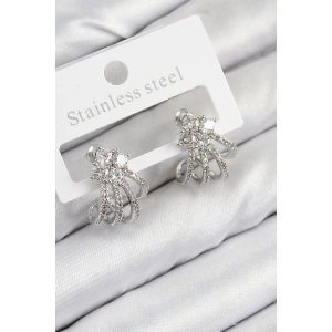 Pirinç Zirkon Taşlı Model Gümüş Renk Kadın Küpe