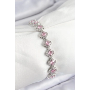 Pirinç Zirkon Taşlı Pembe Yonca Baget Model Gümüş Renk VIP Seri Kadın Bileklik