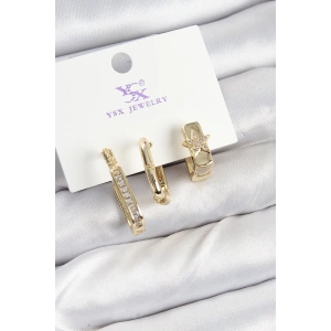 Pirinç Zİrkon Taşlı Yıldız Model Gold Renk 3lü Kadın Küpe