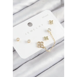 Pirinç Zirkon Taşlı Yonca Model Gold Renk 925 Ayar Gümüş Çivi Kadın Küpe Set