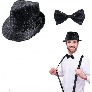 Siyah Payetli Şapka ve Papyon Seti – Parıltılı Yetişkin Kostüm Seti