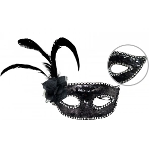 Siyah Renk Yandan Tüylü Güllü Gümüş Taşlı Pullu Maske 20x22 cm