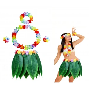 Yetişkin Hawaii Kostüm Seti - Yaprak Etek & Hawaii Set - 5 Parça