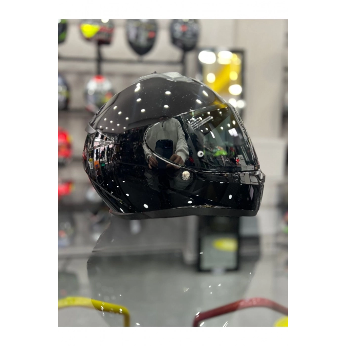 C10 Kapalı Motosiklet Kaskı Parlak Siyah Şeffaf Vizörlü