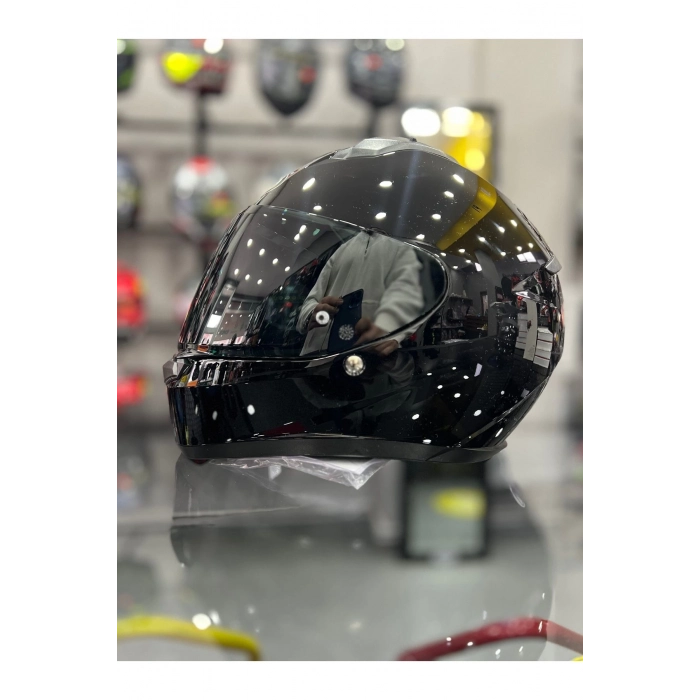 C10 Kapalı Motosiklet Kaskı Parlak Siyah Şeffaf Vizörlü