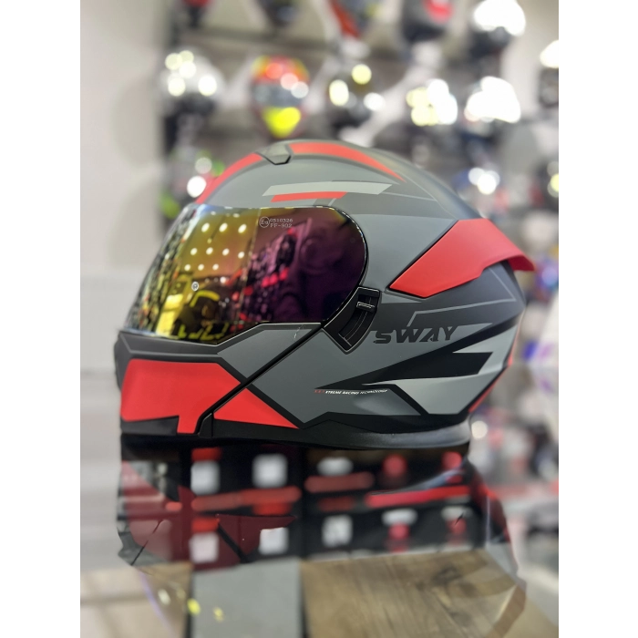 Kırmızı Siyah 912 Çene Açılır Kask Gold Vizörlü(+1 Şeffaf Vizör)