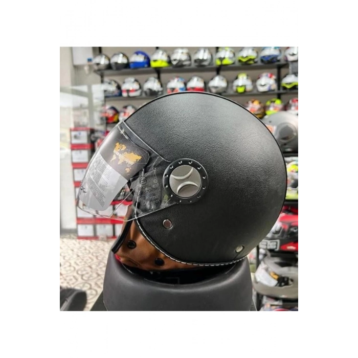 701 Deri Kaplı Yarı Camlı Elektrikli Bisiklet Motosiklet Scooter Kaskı 2xl Beden Siyah